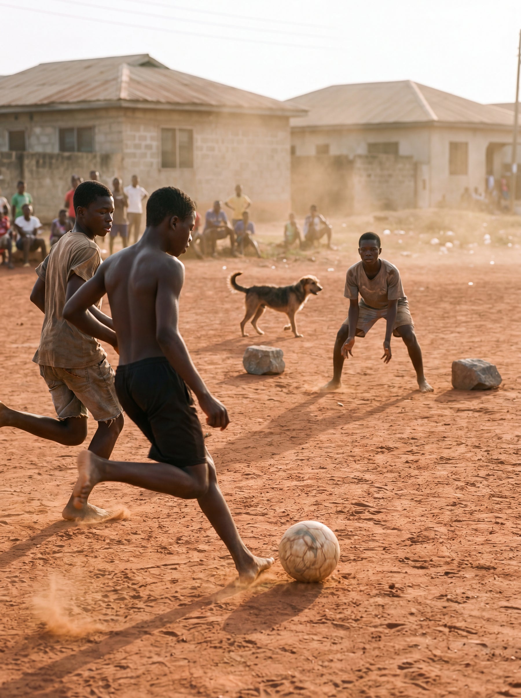 Teenage soccer players on a red dust pitch in Accra at golden hour