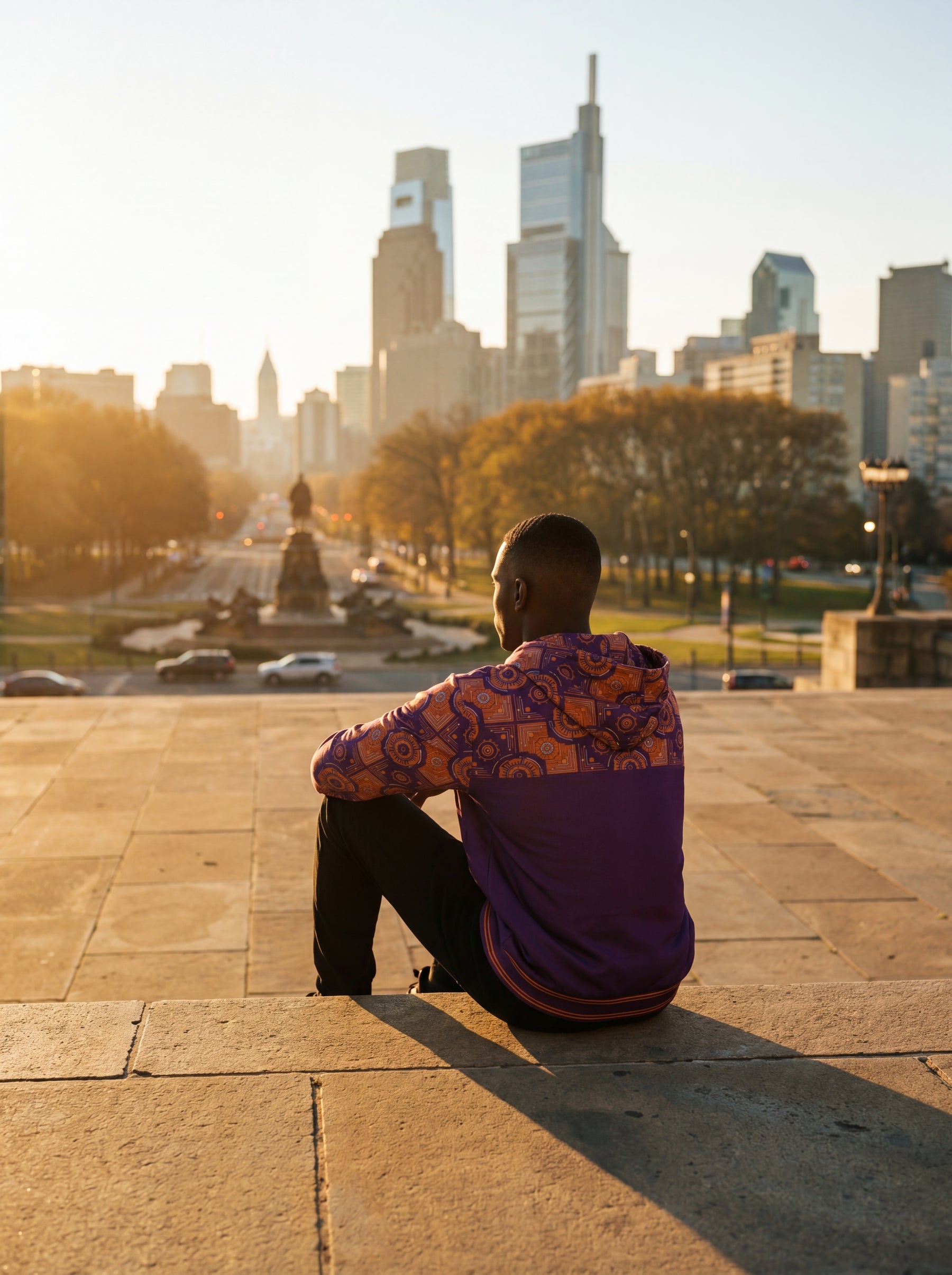 SunBorn founder seated on the Rocky Steps at golden hour, looking out at the Philadelphia skyline
