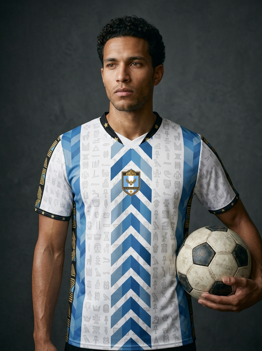 Man wearing a sports jersey with blue and white patterns, holding a soccer ball against a dark background