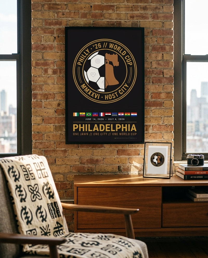 A framed Philadelphia 2026 World Cup poster hangs on a brick wall in a modern room setting with a wooden console table, patterned armchair, and windows in the background.