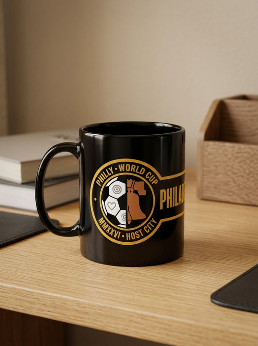 Liberty Protocol Philly '26 Mug — Black Glossy, styled on a wood desk with books and leather portfolio