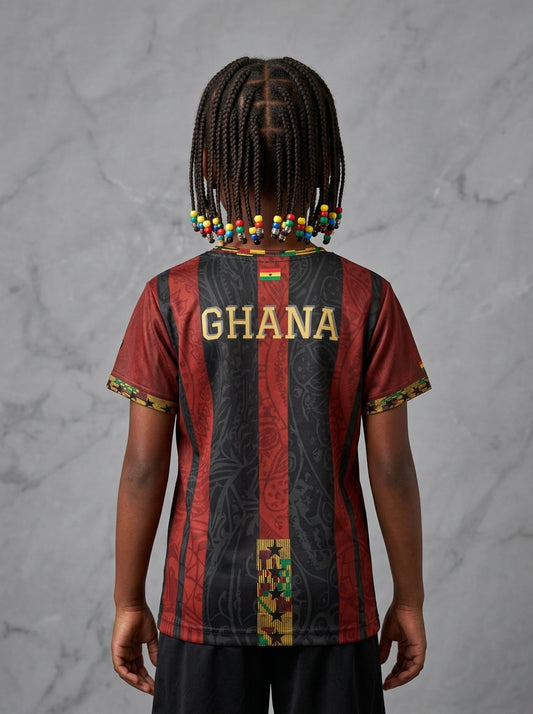Ghana '26 Kid's Jersey — back hero view, GHANA wordplate and continuous kente weave for youth fit | SunBorn
