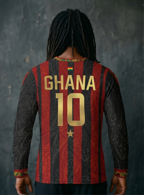 Back view of Ghana '26 Long Sleeve — kente pattern continuous across the rear chassis