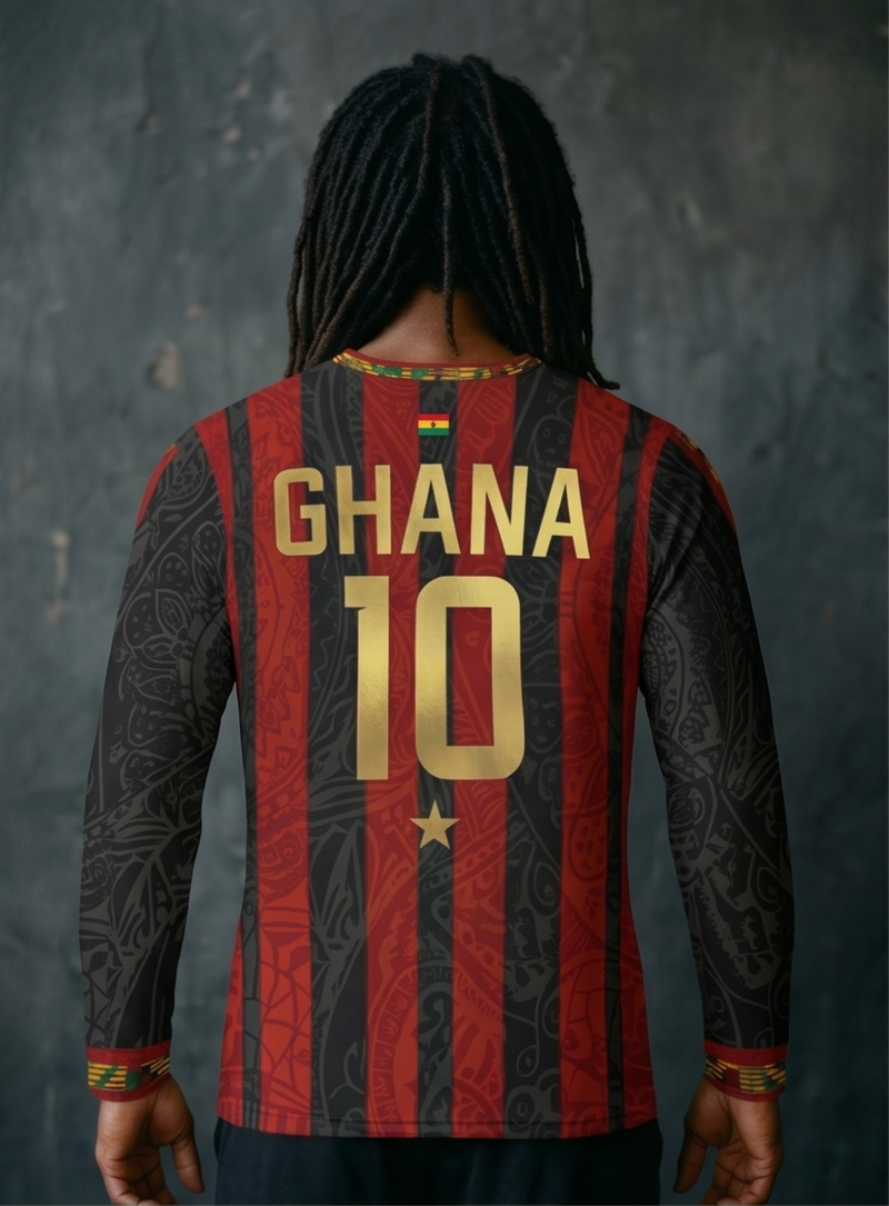 Back view of Ghana '26 Long Sleeve — kente pattern continuous across the rear chassis