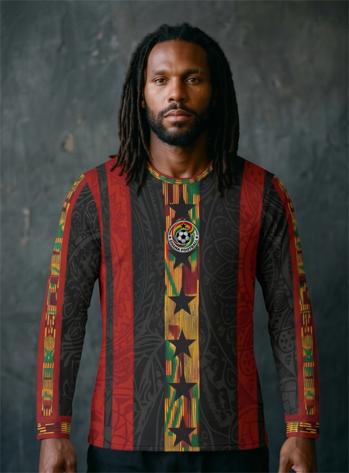 Front view of Ghana '26 Long Sleeve — Kente Protocol — kente geometry sublimated across the chassis