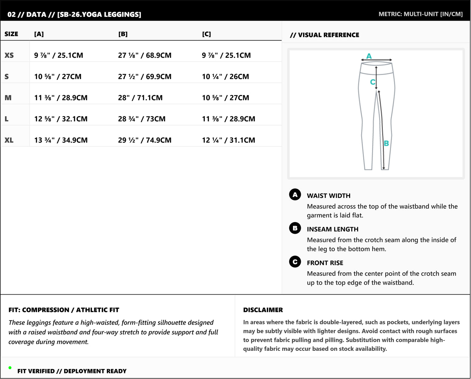 Size guide for the Sankofa Yoga Leggings, with measurements in inches and centimeters.