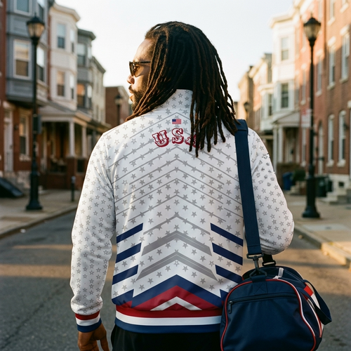 USA '26 Track Jacket — rear view showing inverted chevron geometry descending toward the hem, distressed varsity USA wordmark in crimson on the back yoke, flag-banded rib trim at cuffs and hem
