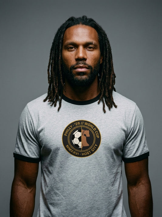 Liberty Protocol // Philly '26 Tee — front hero studio shot, heather grey ringer tee with circular Liberty Bell + soccer ball federation crest, Philadelphia World Cup 2026 Host City Series | SunBorn