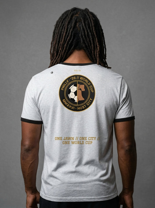 Liberty Protocol // Philly '26 Tee — back studio view, heather grey body with black ringer trim, One Jawn // One City // One World Cup hem stamp | SunBorn