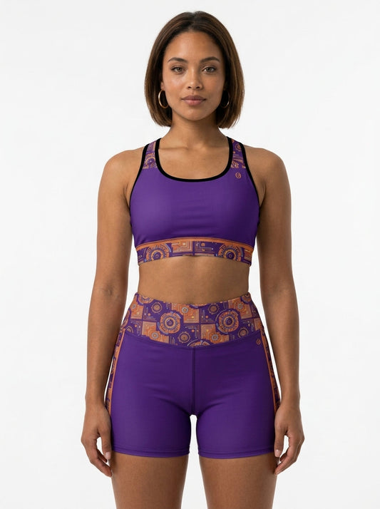 Sankofa padded sports bra and yoga shorts set — studio front view — Royal Purple, Adaeze Pink, and Sango Orange colorways — SunBorn