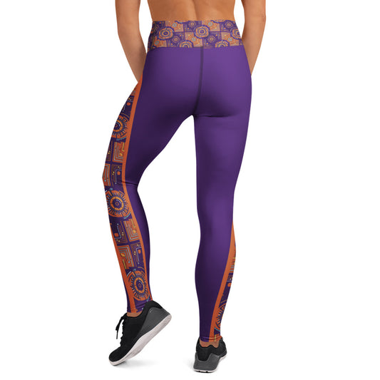 Sankofa Yoga Leggings in the purple, burnt orange and cyan Kinetic Engine print, back view.