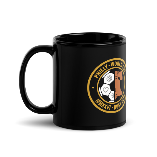 Liberty Protocol Philly '26 Mug — Black Glossy 11oz, handle-left angle