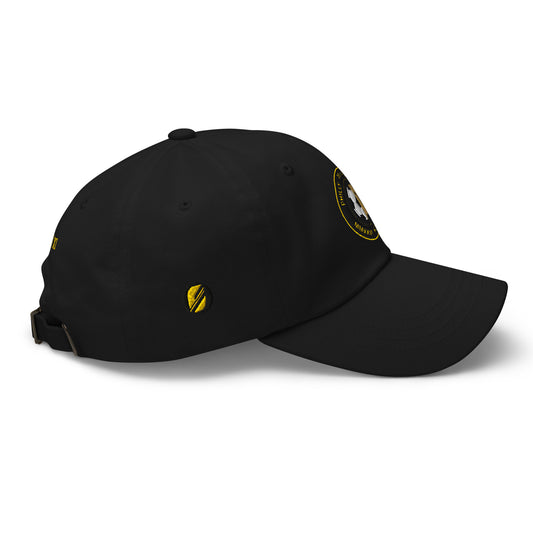 Liberty Protocol // Philly '26 Dad Hat — black right side view, SunBorn ⬤ mark embroidered in gold thread on side panel | SunBorn