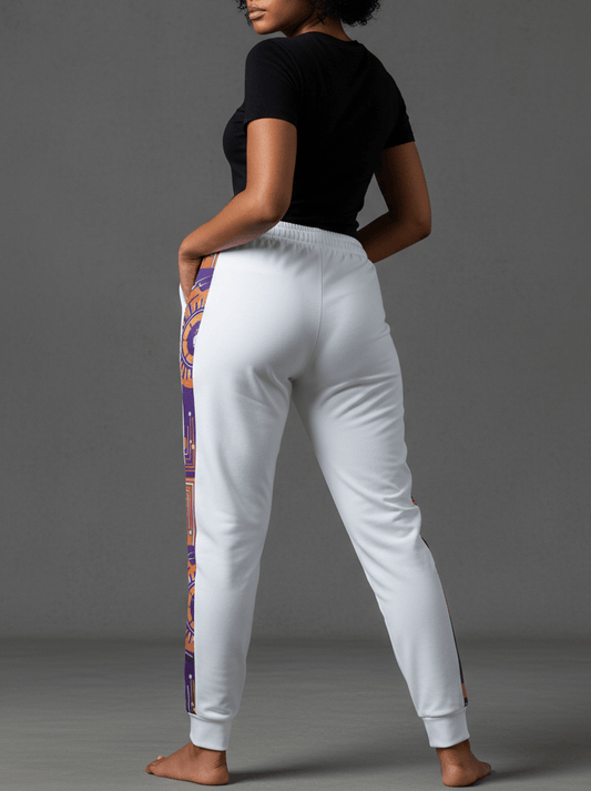Sankofa unisex joggers — Afrofuturist heritage training pants — royal purple and forge copper side seam — image 2 — SunBorn