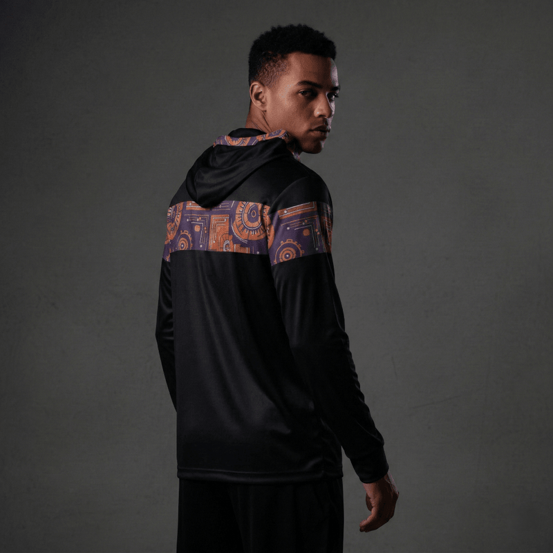 Sankofa warmup hoodie in black — Afrofuturist heritage training piece — royal purple and forge copper detailing — image 2 — SunBorn alternate