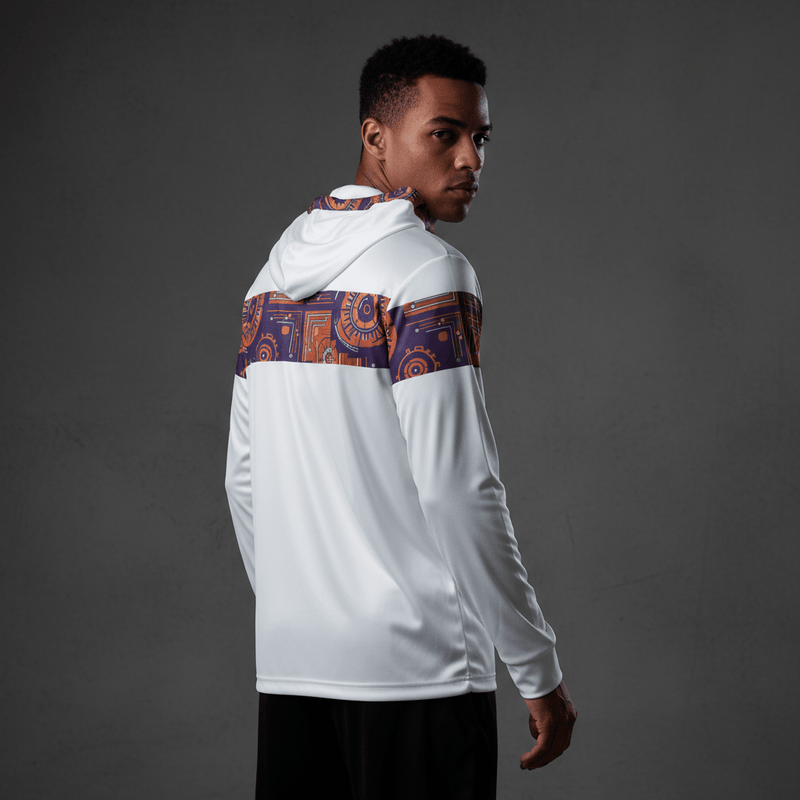 Sankofa warmup hoodie in white — Afrofuturist heritage training piece — royal purple and forge copper detailing — image 2 — SunBorn alternate
