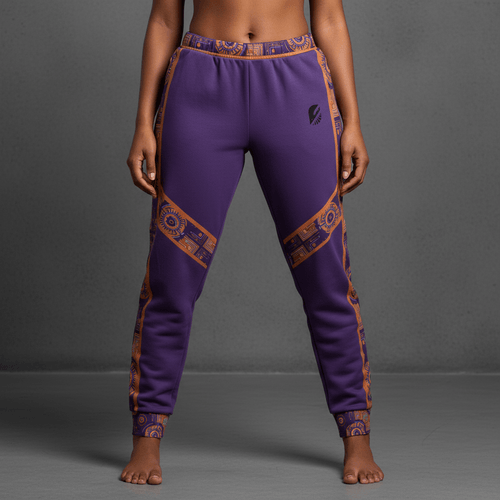 Sankofa women's joggers — Afrofuturist heritage training pants — royal purple and forge copper side seam — image 1 — SunBorn