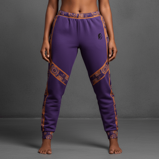 Sankofa women's joggers — Afrofuturist heritage training pants — royal purple and forge copper side seam — image 1 — SunBorn