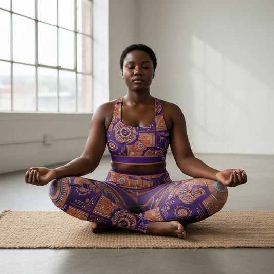 Sankofa women's sports bra and leggings set — Afrofuturist heritage compression — royal purple gear-and-circuit geometry — image 1 — SunBorn