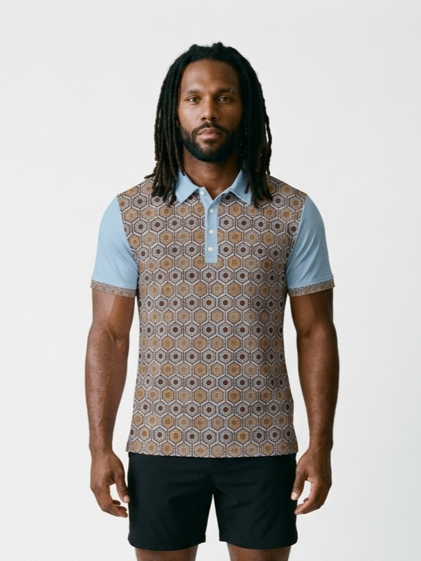 AnanseNova™ // Men's Slim Fit Statement Polo in Igwe Blue — front view — SunBorn