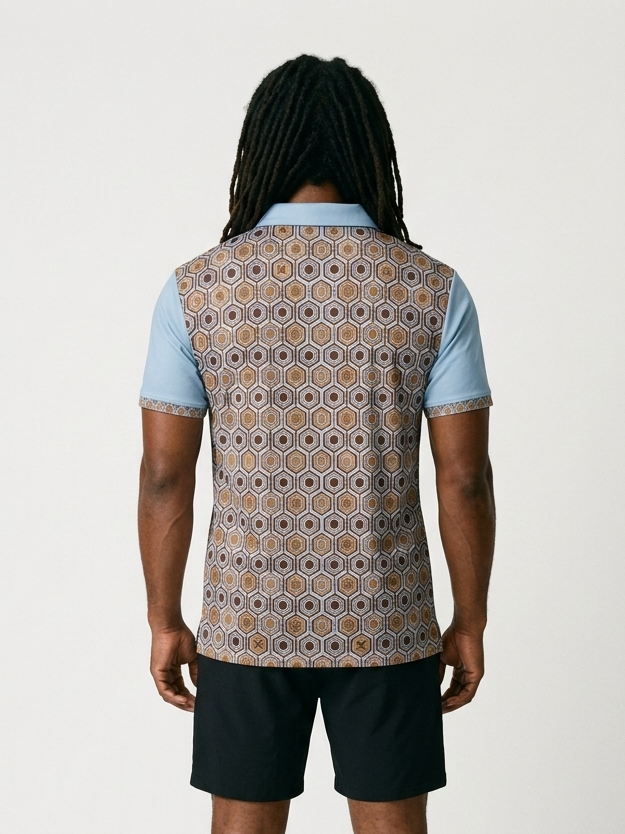 AnanseNova™ // Men's Slim Fit Statement Polo in Igwe Blue — back view — SunBorn