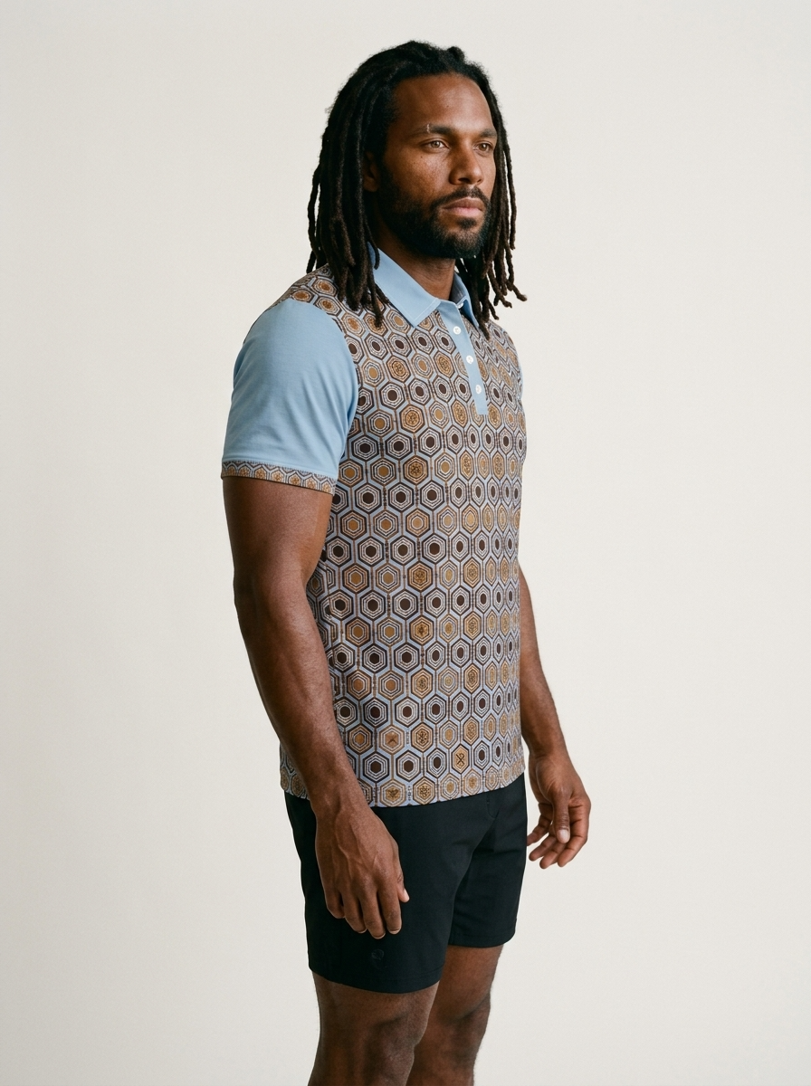AnanseNova™ // Men's Slim Fit Statement Polo in Igwe Blue — three-quarter right view — SunBorn