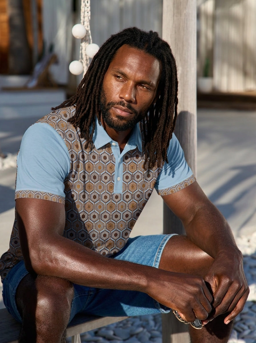 AnanseNova™ // Men's Slim Fit Statement Polo in Igwe Blue — styled lifestyle shot — SunBorn