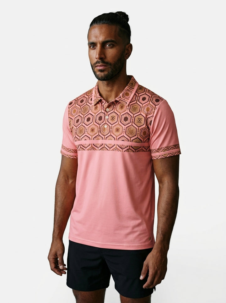 AnanseNova™ Men's Pulse Polo in Eze Pink — front view, hexagon-coded AdinkraFlex™ stretch jersey