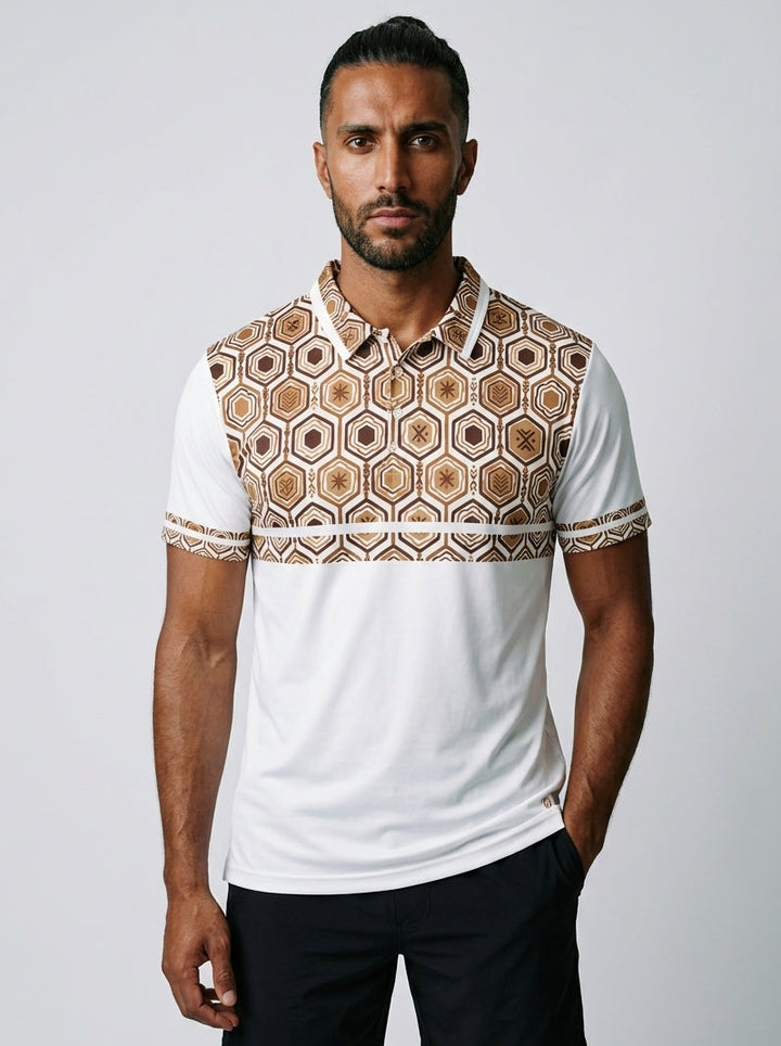 AnanseNova™ Men's Pulse Polo in Ocha White — front view, hexagon-coded AdinkraFlex™ stretch jersey