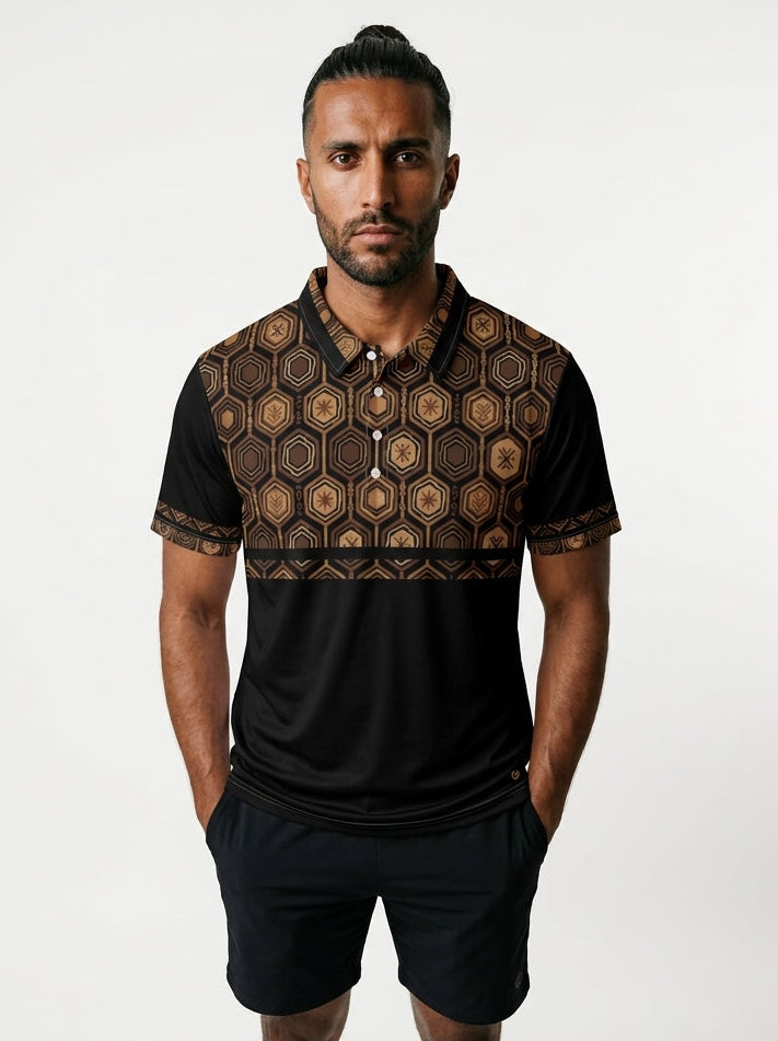 AnanseNova™ Men's Pulse Polo in Oji Black — front view, hexagon-coded AdinkraFlex™ stretch jersey