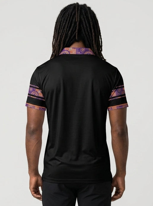 Sankofa Men's Polo — Oji Black — Kinetic Engine sleeve trim and back panel — SunBorn