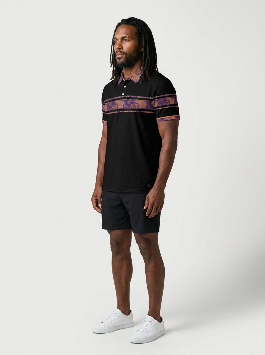 Sankofa Men's Polo — Oji Black — three-quarter left angle — golf and lifestyle shirt — SunBorn