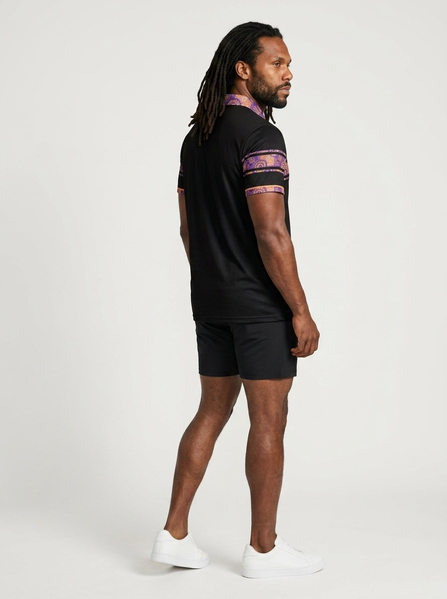 Sankofa Men's Polo — Oji Black — three-quarter right angle — golf and lifestyle shirt — SunBorn