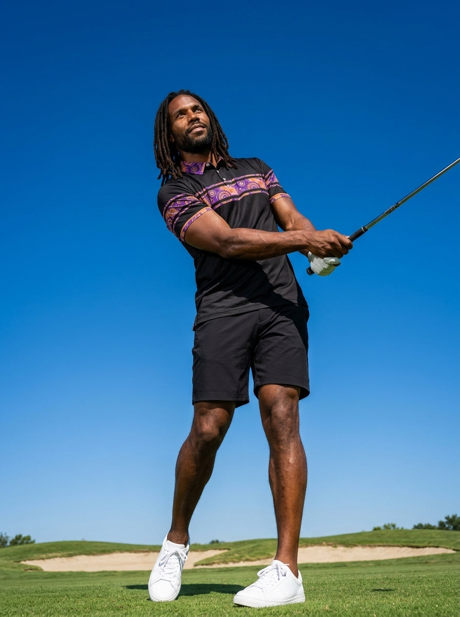 Sankofa Men's Polo — Oji Black — worn on the golf course — men's golf polo shirt — SunBorn