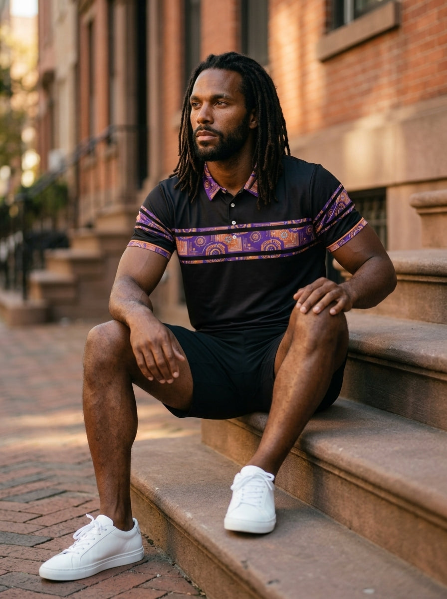 Sankofa Men's Polo — Oji Black — street editorial lifestyle shot — men's fashion polo — SunBorn