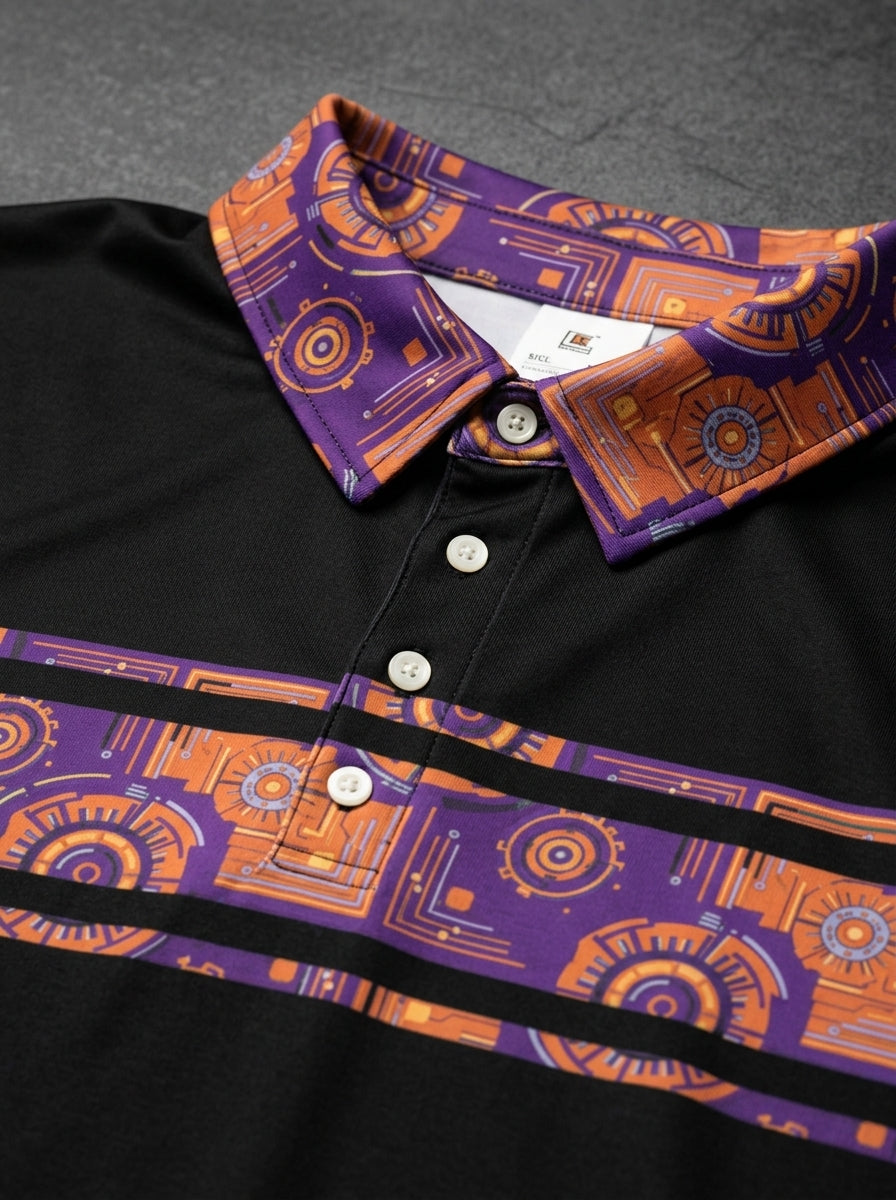 Sankofa Men's Polo — macro detail of Kinetic Engine circuitry print — SunBorn