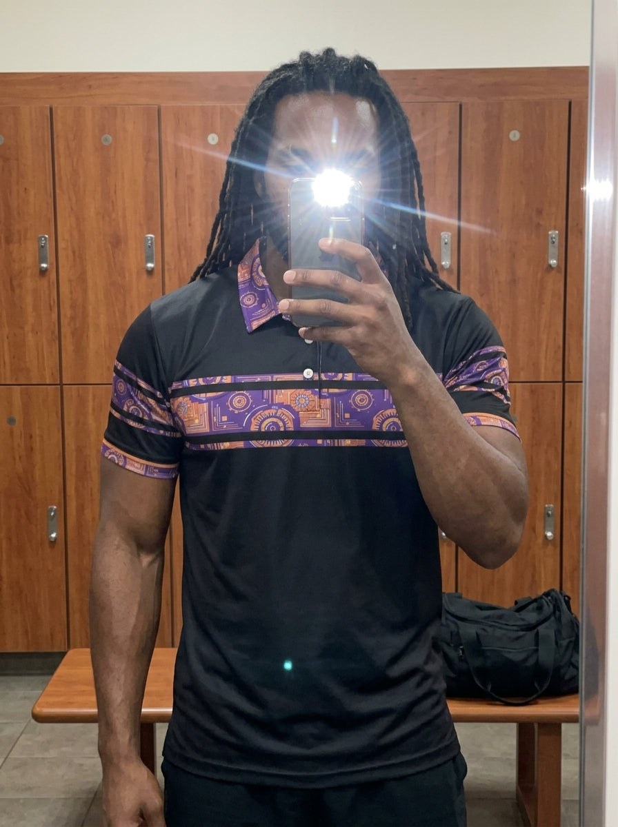 Sankofa Men's Polo — Oji Black — mirror fit check — everyday wear — SunBorn