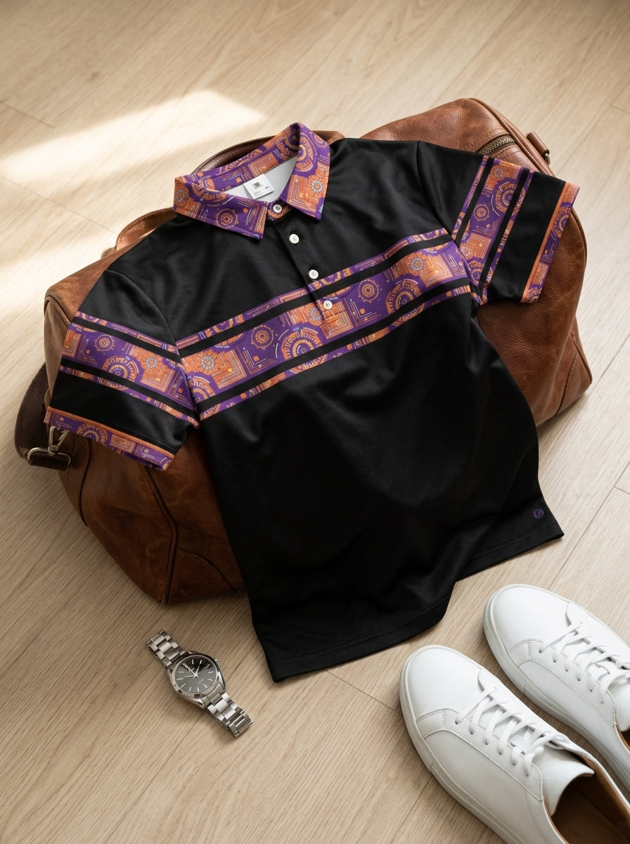 Sankofa Men's Polo — Oji Black — styled floordrobe flat lay — SunBorn