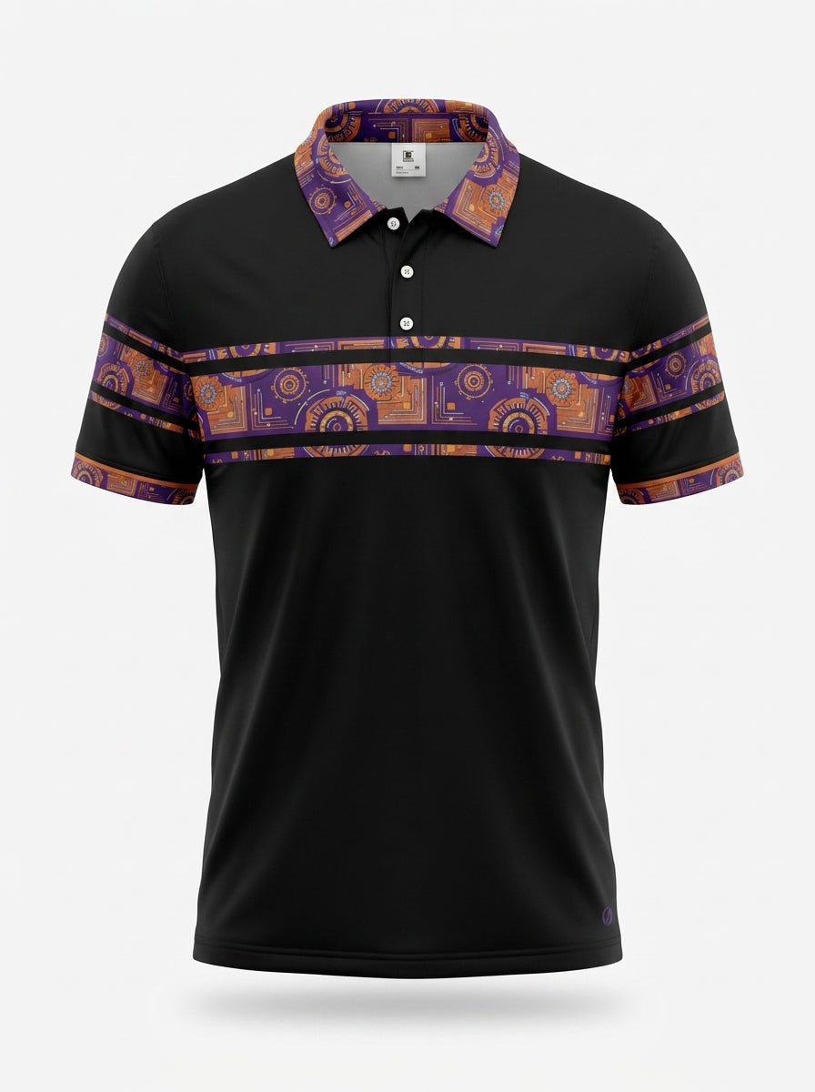 Sankofa Men's Polo — Oji Black — ghost mannequin front — AdinkraFlex stretch jersey — SunBorn