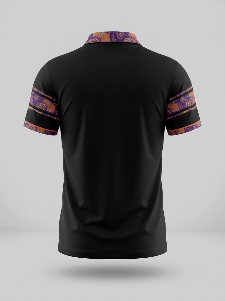 Sankofa Men's Polo — Oji Black — ghost mannequin back — AdinkraFlex stretch jersey — SunBorn