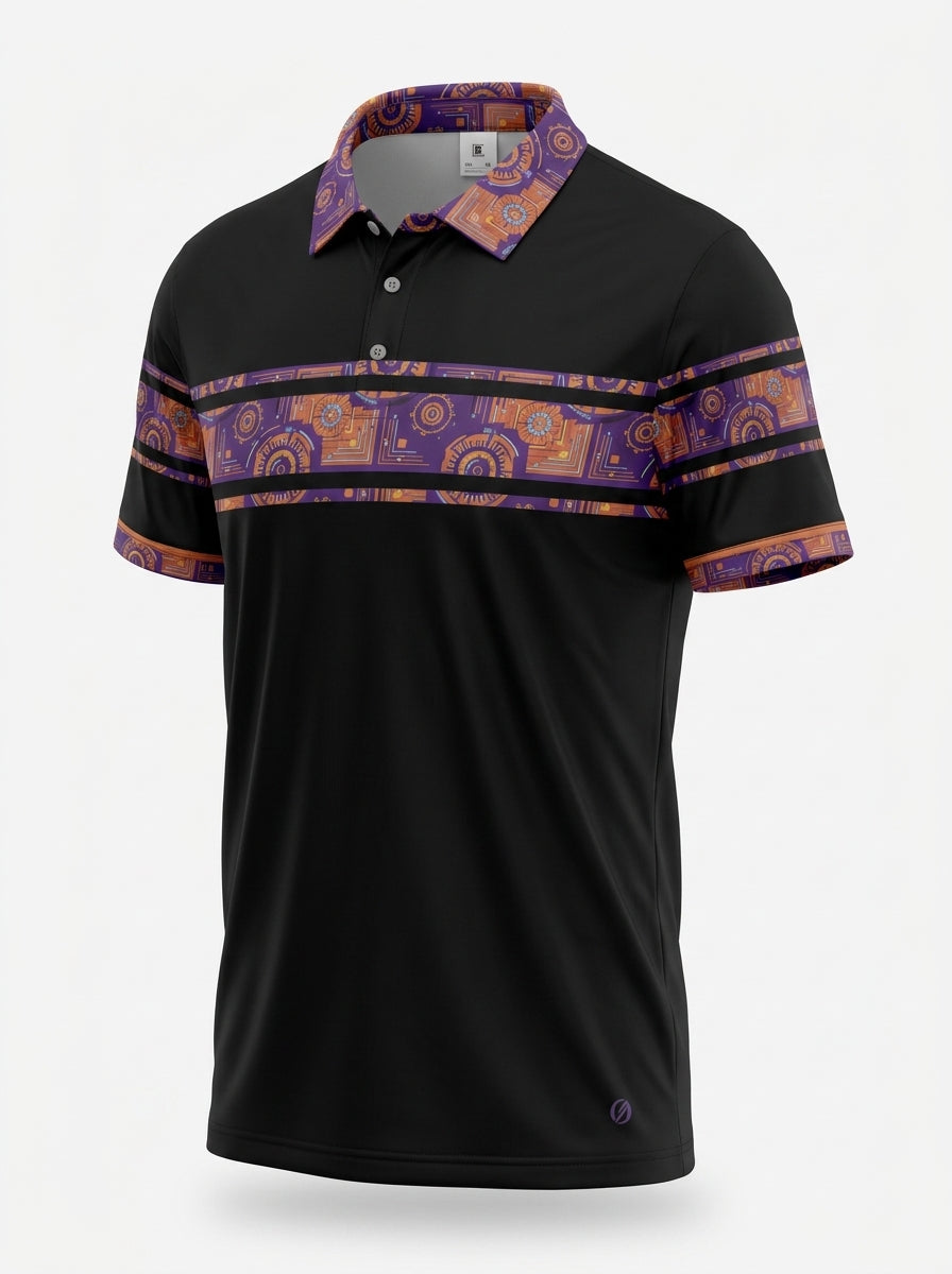 Sankofa Men's Polo — Oji Black — ghost mannequin three-quarter left — SunBorn
