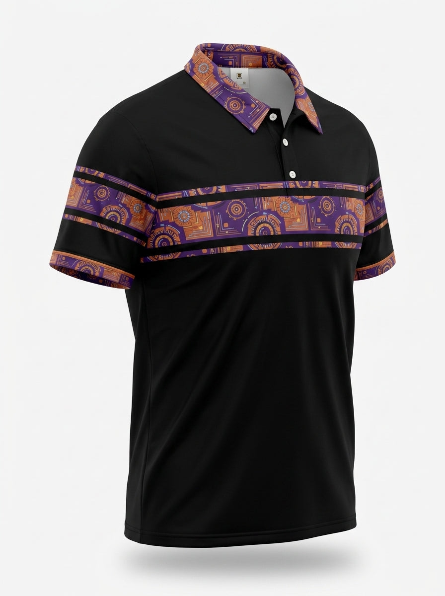 Sankofa Men's Polo — Oji Black — ghost mannequin three-quarter right — SunBorn