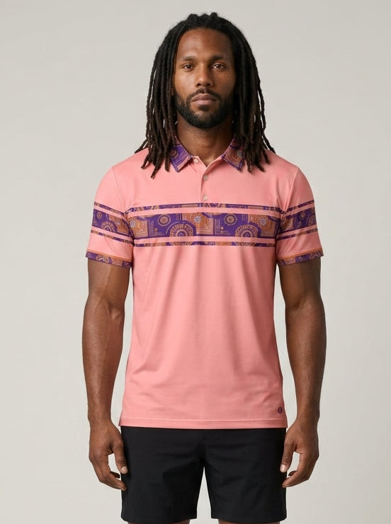 Sankofa Men's Polo — Eze Pink — Kinetic Engine collar and chest band — front — SunBorn
