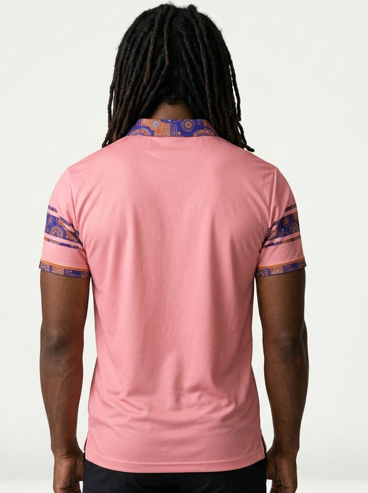 Sankofa Men's Polo — Eze Pink — Kinetic Engine sleeve trim and back panel — SunBorn