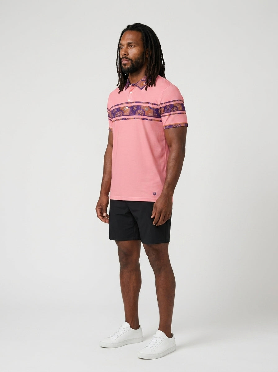 Sankofa Men's Polo — Eze Pink — three-quarter left angle — golf and lifestyle shirt — SunBorn