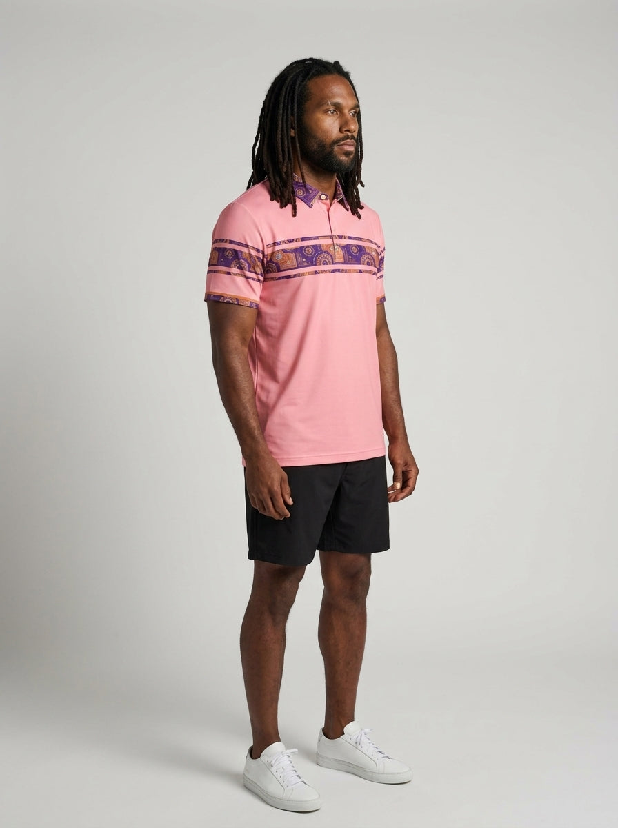 Sankofa Men's Polo — Eze Pink — three-quarter right angle — golf and lifestyle shirt — SunBorn