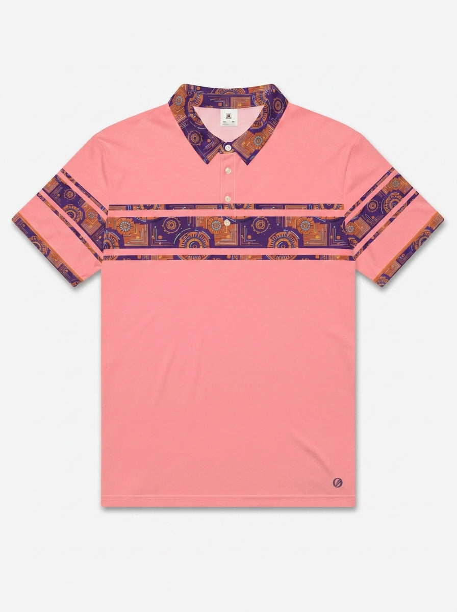 Sankofa Men's Polo — Eze Pink — clean flat lay — AdinkraFlex stretch jersey — SunBorn