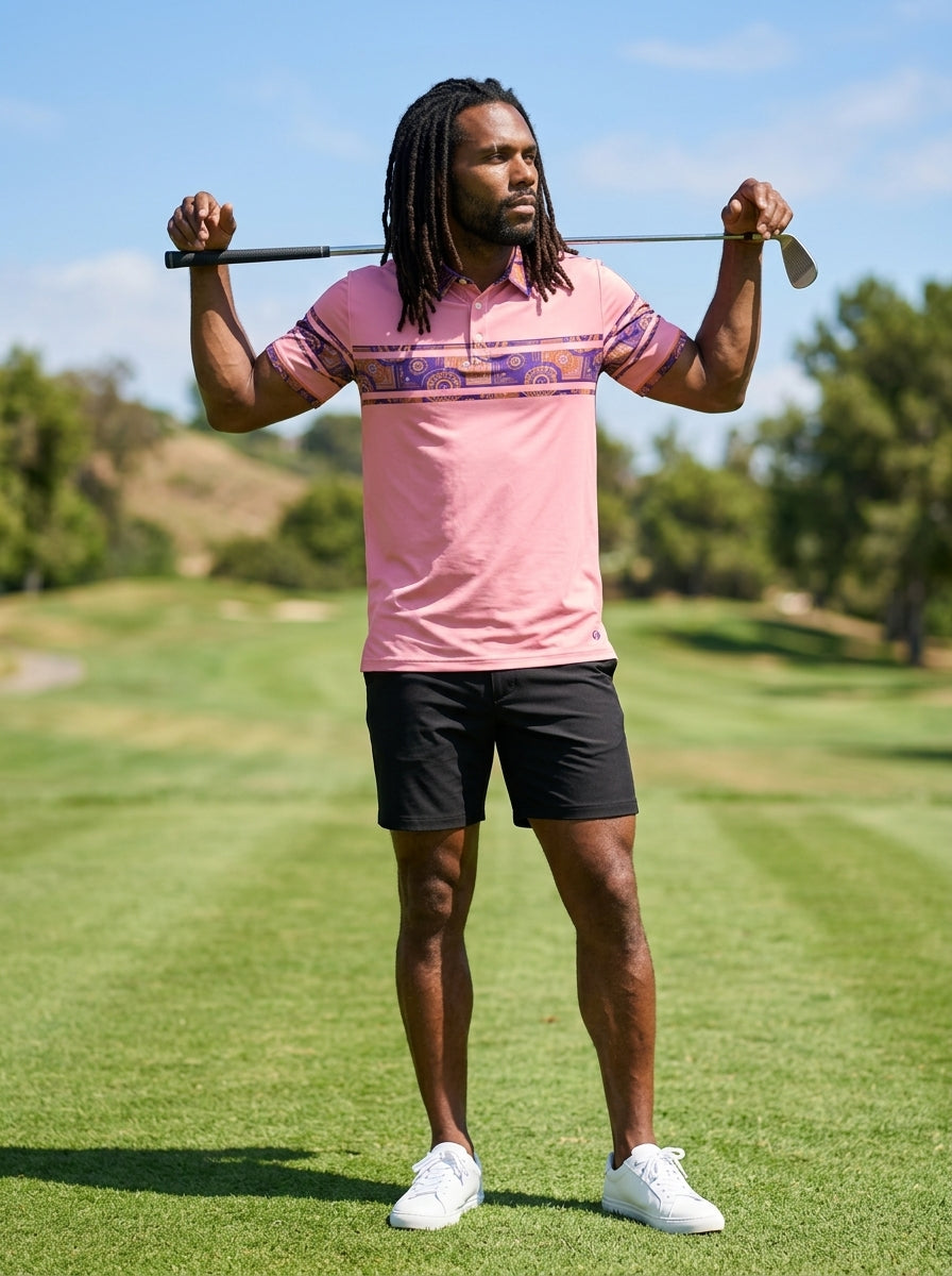 Sankofa Men's Polo — Eze Pink — worn on the golf course — men's golf polo shirt — SunBorn