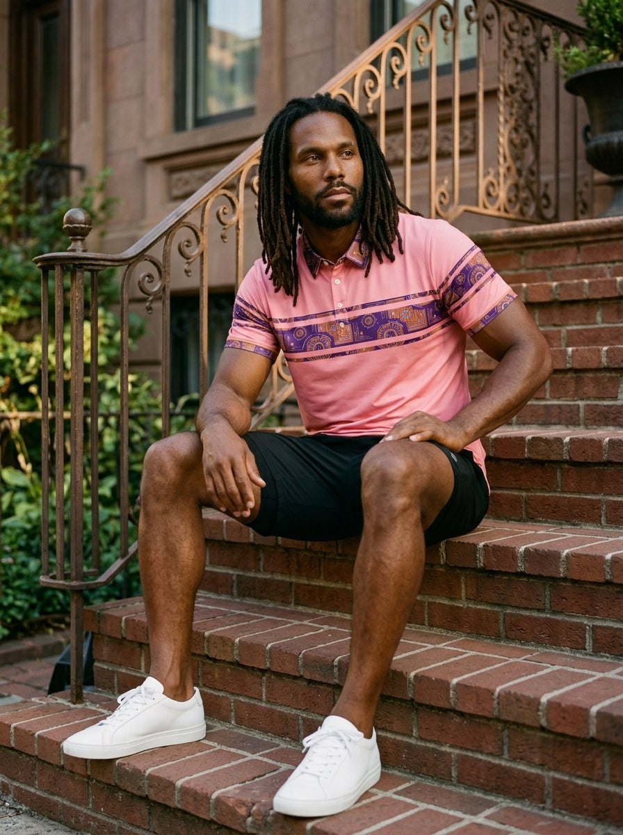 Sankofa Men's Polo — Eze Pink — street editorial lifestyle shot — men's fashion polo — SunBorn