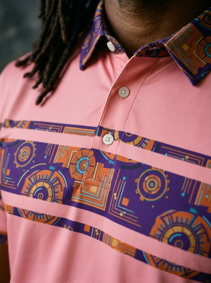 Sankofa Men's Polo — Eze Pink — macro detail of Kinetic Engine circuitry print — SunBorn